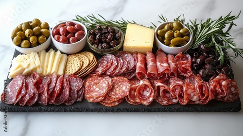 Delicious gourmet charcuterie board with a variety of meats, cheeses, and nut...