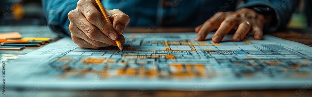 A close-up view captures the interior designer meticulously making notes on a blueprint, carefully choosing color samples, and sitting at her table in the office A close-up view captures the interior designer meticulously making notes on a blueprint, carefully choosing color samples, and sitting at her table in the office