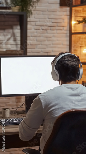 Headphone-wearing man working at a desk with a blank PC monitor in a home office.
