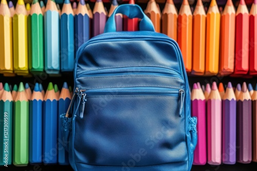 Bright blue backpack in front of colorful pencils displayed on a vibrant wall