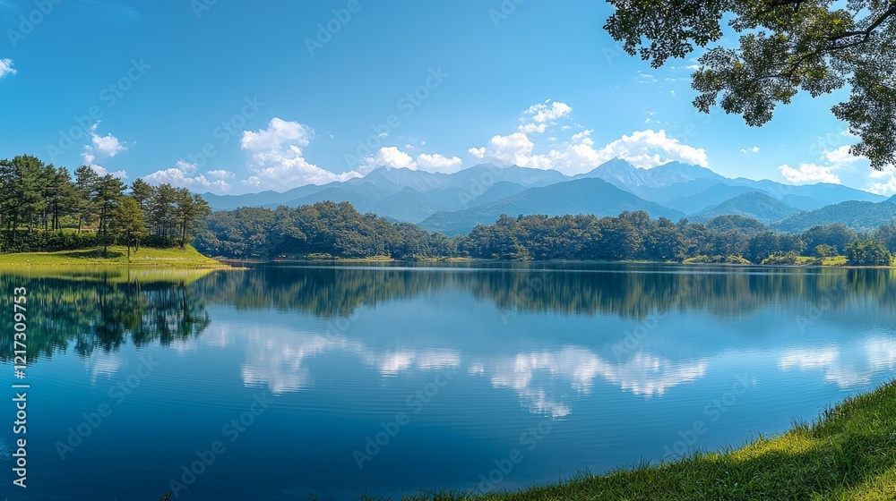 © Danila - Tranquil lake view flanked by lush summer foliage under a sky of clear blue with white clouds