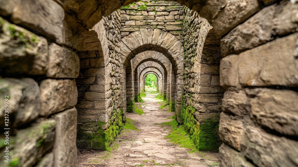 Fototapeta premium Abandoned Medieval Alley with Crumbling Stone Arches and Overgrown Pathway Surrounded by Nature