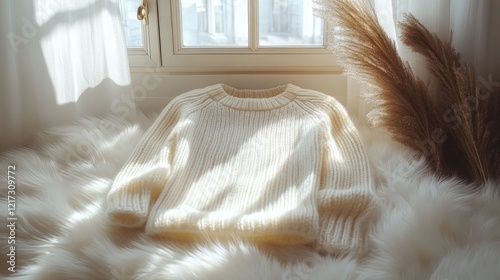 Cozy cream sweater draped on fluffy blanket by window with natural light in a...