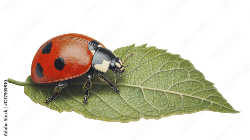 Naklejka premium A meticulously detailed illustration depicts a ladybug resting on a vibrant green leaf against a stark black backdrop.