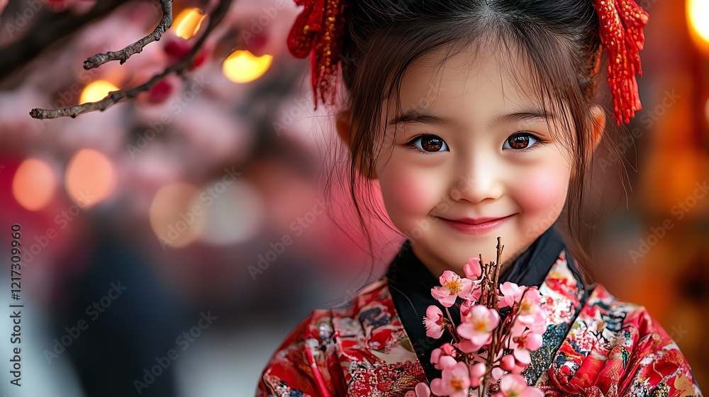 A child carrying a small bundle of peach blossoms, smiling as they explore the festive market A child carrying a small bundle of peach blossoms, smiling as they explore the festive market