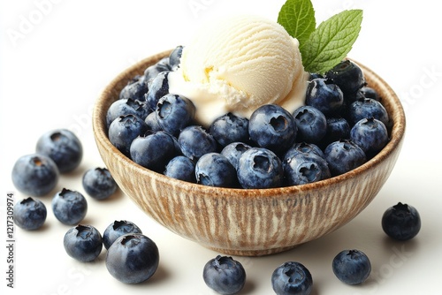Fresh blueberries topped with creamy ice cream served in a rustic bowl on a w...