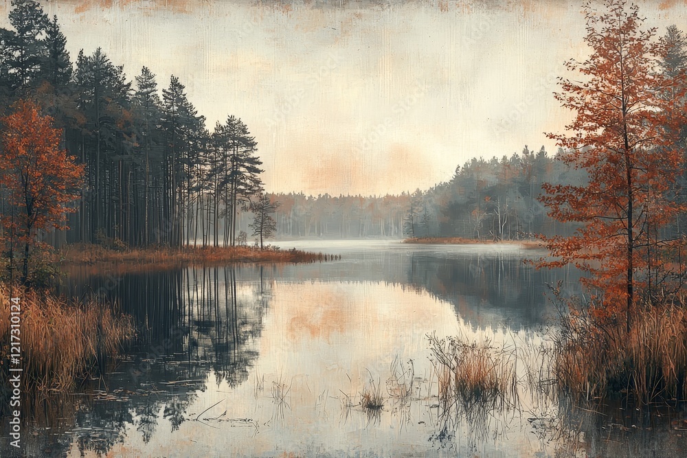 Fototapeta premium Abstract oil painting capturing the essence of an autumn landscape. A forest and pond form the backdrop in an impressionist style under a hazy fall morning