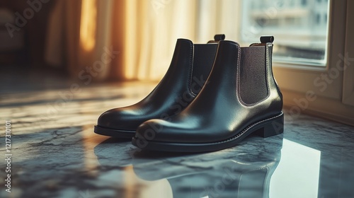Stylish black leather ankle boots showcased on polished marble surface in bri...
