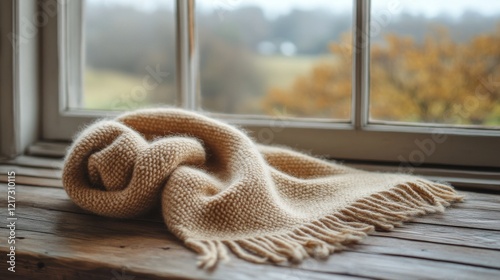 Cozy beige knitted scarf placed on a rustic wooden surface with natural light