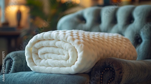 Cozy white blanket neatly rolled on a chic armchair in a warm living room set...