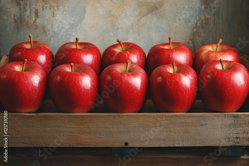 Fresh red apples arranged neatly on a rustic wooden crate in a market setting