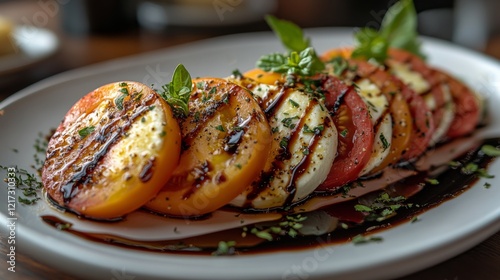 Fresh caprese salad with basil leaves and balsamic glaze in natural setting