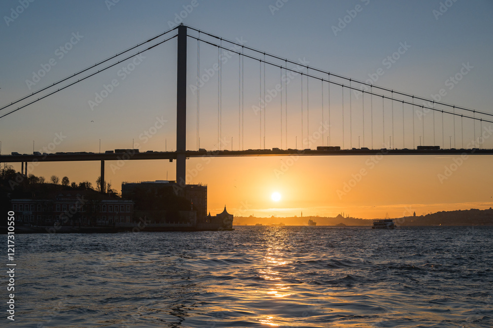 Fototapeta premium Beautiful view of the Bosphorus and the Bosphorus Bridge in the background at sunset.