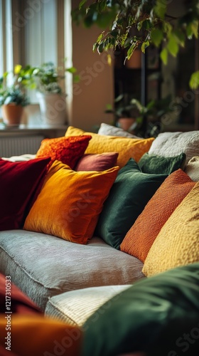 Cozy living room with colorful pillows on a stylish sofa surrounded by indoor...