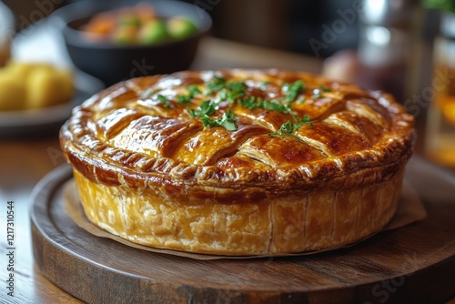 Savory meat pie resting on wooden surface surrounded by rustic decor