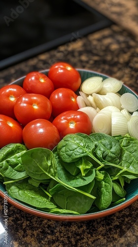 Fresh salad with vibrant vegetables in a colorful bowl on an artistic background