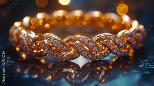 Elegant gold bracelet with gemstones displayed on a reflective surface with w...