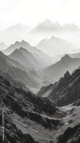 Majestic mountain range with rugged peaks and deep valleys during misty daylight