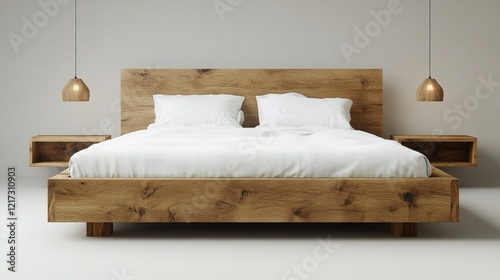 Modern wooden bed with bedside tables and soft bedding in a minimalist design...