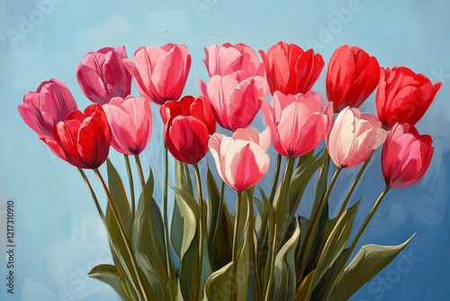 Colorful bouquet of tulips in various shades against a blue background displa...