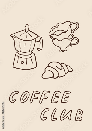 Whimsical coffee lover poster. Coffee club and breakfast club concept. Hand drawn trendy coffee card design. Coffee core kitchen or cafe poster template