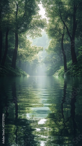 Tranquil river surrounded by lush greenery in a misty forested area
