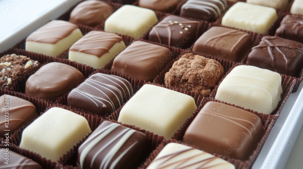 Fototapeta premium A beautifully arranged assortment of gourmet chocolates in a box, showcasing various textures and colors