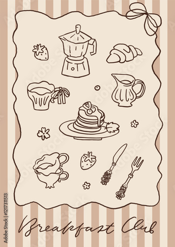 Whimsical coffee lover poster. Coffee club and breakfast club concept. Hand drawn trendy coffee card design. Coffee core kitchen or cafe poster template