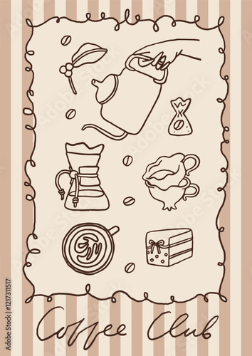 Whimsical coffee lover poster. Coffee club and breakfast club concept. Hand drawn trendy coffee card design. Coffee core kitchen or cafe poster template