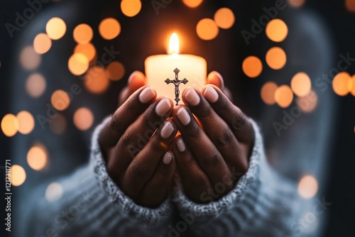 A symbolic shot of hands clutching a rosary tightly, with trembling fingers and candlelight flickering in the background