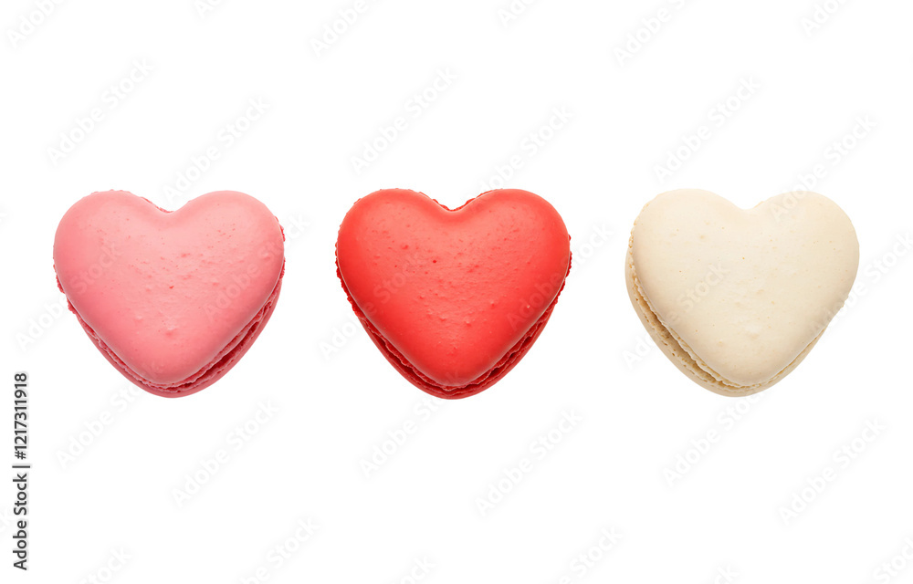 Fototapeta premium Pastel Heart-Shaped Macarons in Pink, Red & White – Elegant Dessert Set on White Background