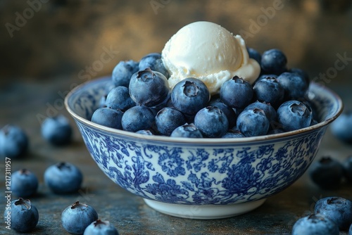 Fresh blueberries topped with creamy ice cream served in a rustic bowl on a w...