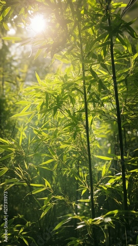 Sunlight filtering through vibrant bamboo leaves in a lush forest setting