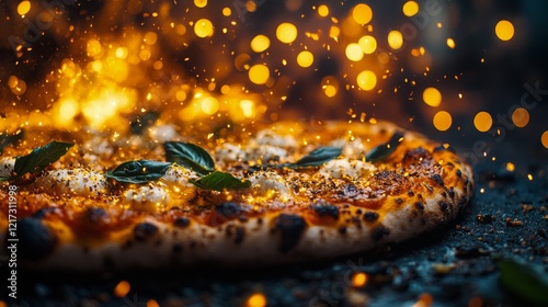 Freshly baked cheese pizza topped with herbs served on a wooden board in a co...