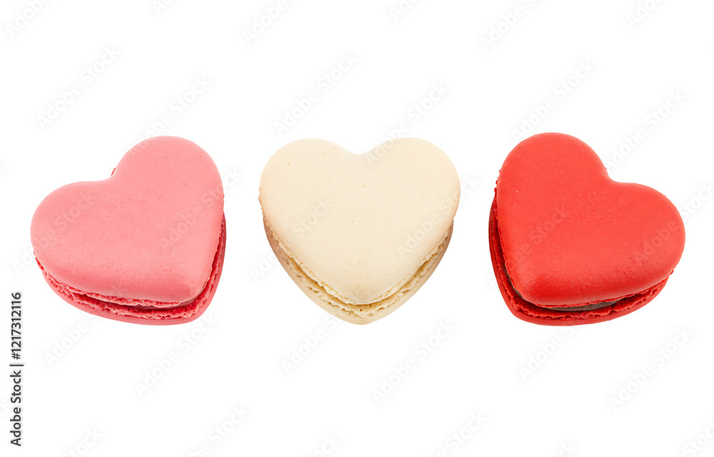 Pastel Heart-Shaped Macarons in Pink, Red & White – Elegant Dessert Set on White Background Pastel Heart-Shaped Macarons in Pink, Red & White – Elegant Dessert Set on White Background