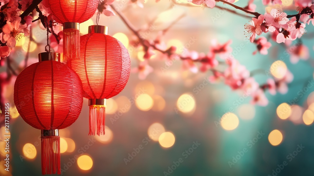 Obraz premium Illuminated red lanterns with elegant tassels hanging from cherry blossom branches, surrounded by glowing bokeh lights. Ideal for Chinese New Year, cultural events, and festive designs