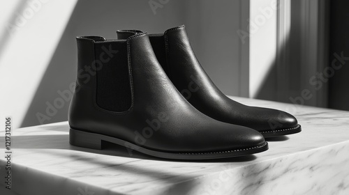 Stylish black leather ankle boots showcased on polished marble surface in bri...