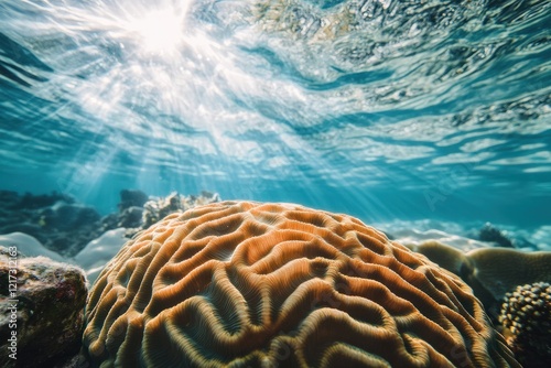 A mesmerizing close-up of brain coral, the intricate patterns and textures illuminated by sunlight filtering through the crystal-clear water above photo