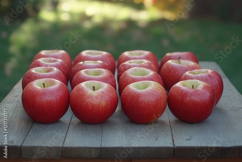 Fresh red apples arranged neatly on a rustic wooden crate in a market setting