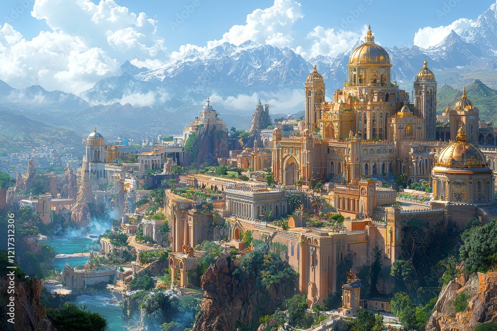 Fototapeta premium Surreal alien planets host futuristic cities with distinctive architecture, inhabited by intergalactic civilizations amid breathtaking landscapes