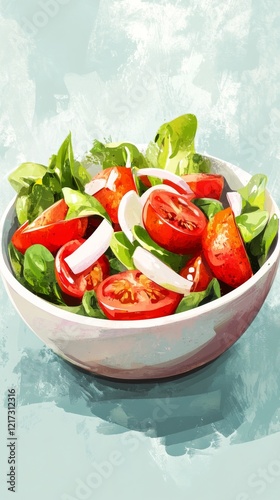 Fresh salad with vibrant vegetables in a colorful bowl on an artistic background