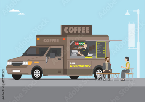 an illustration of an open coffee shop food truck with a coffee sign and couple sitting in enjoyment	