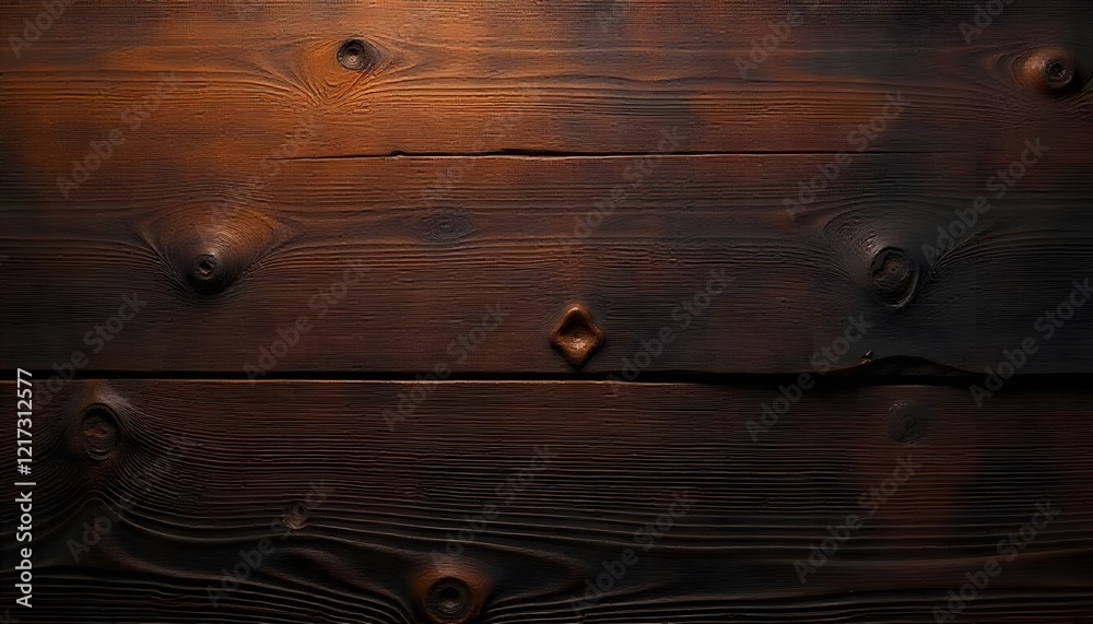 Detailed close-up of a dark wooden surface with visible wood grain and knots