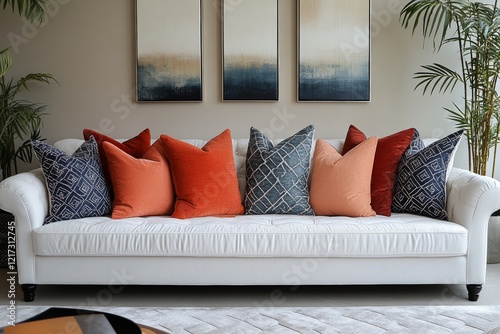 Stylish sofa adorned with colorful cushions in a modern living room setting