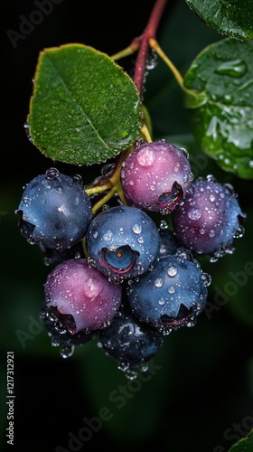 Fresh blueberries with droplets after rain in a lush green environment