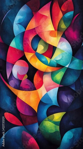Colorful abstract artwork featuring vibrant swirls and shapes on a dark backg...