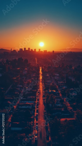 Stunning sunset over city skyline with long road leading into the horizon