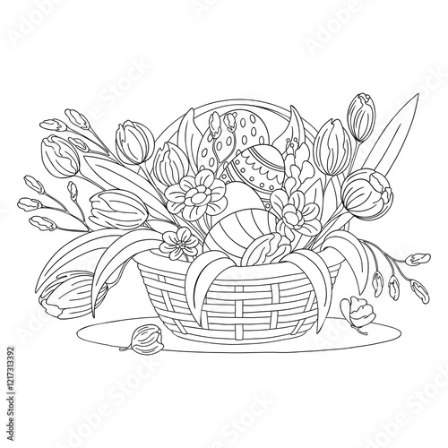 Easter basket with eggs and flowers. Black and white illustration. Coloring page.