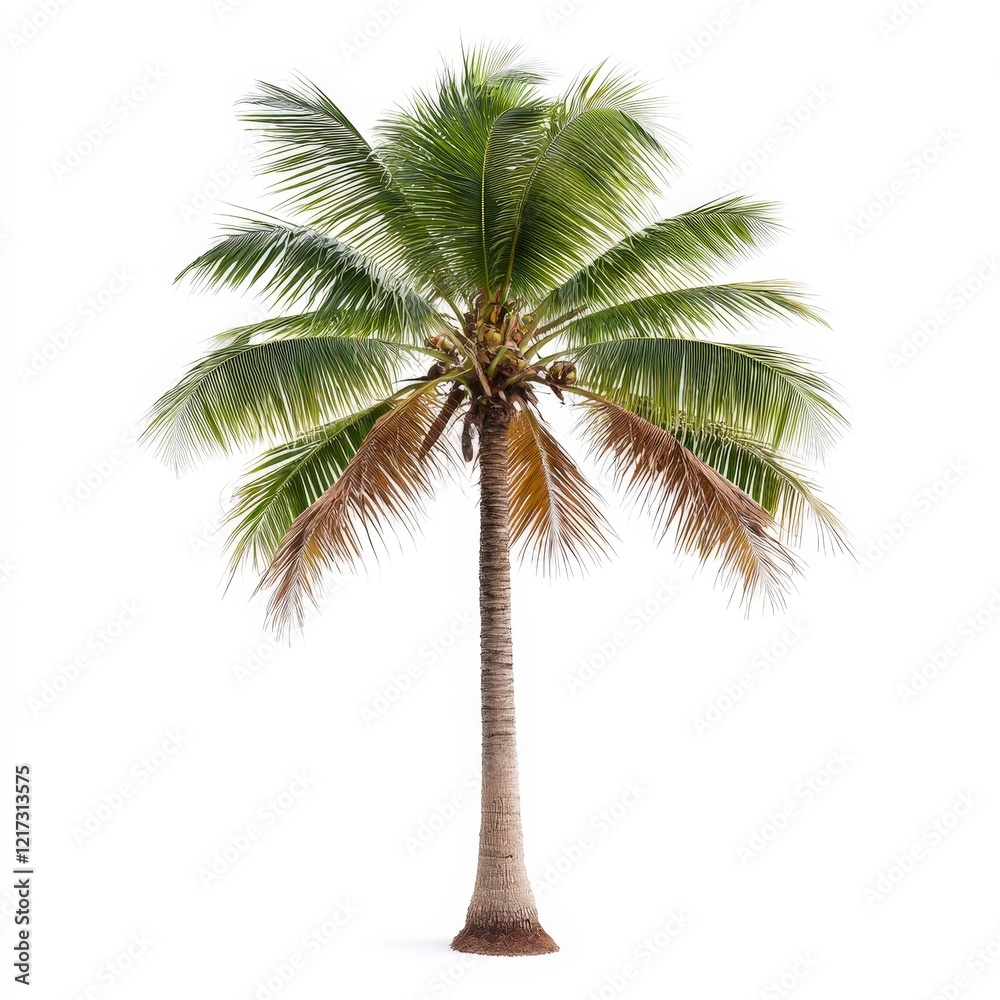 Obraz premium Palm tree and coconut tree isolated on white background with coconuts hanging from branches