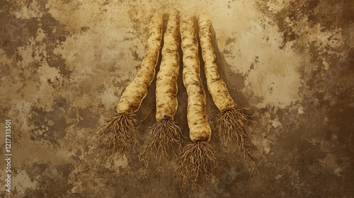 Four pale yellow parsnips with roots against a textured brown background. photo